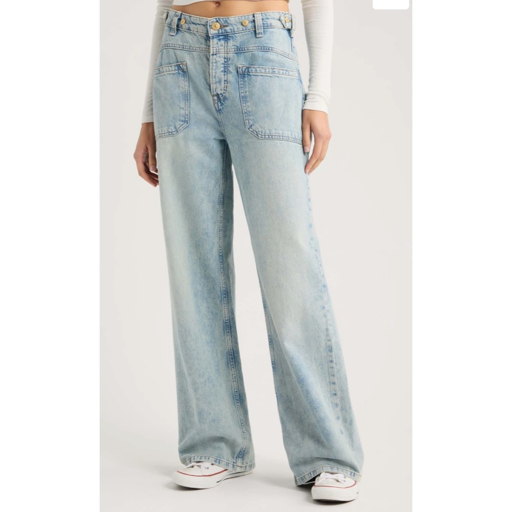 We The Free Baggy Jeans Palmer Cuffed Light Wash Wide Casual Adjustable Waist 26